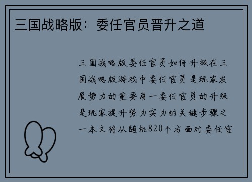 三国战略版：委任官员晋升之道